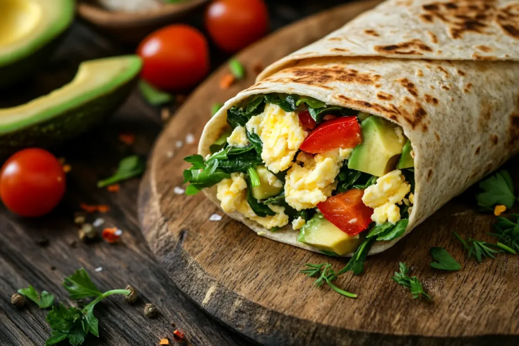 Vegetable egg wrap with scrambled eggs, avocado, and veggies