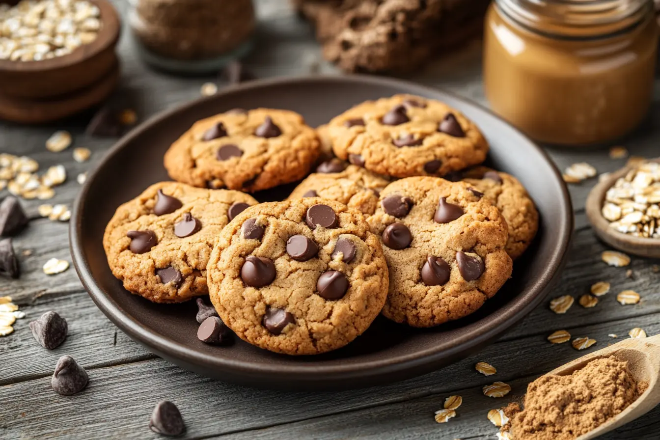Homemade protein cookies with oats and peanut butter on a rustic table