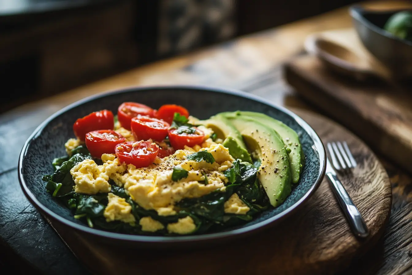 Spinach and scrambled eggs at night served with tomatoes and avocado