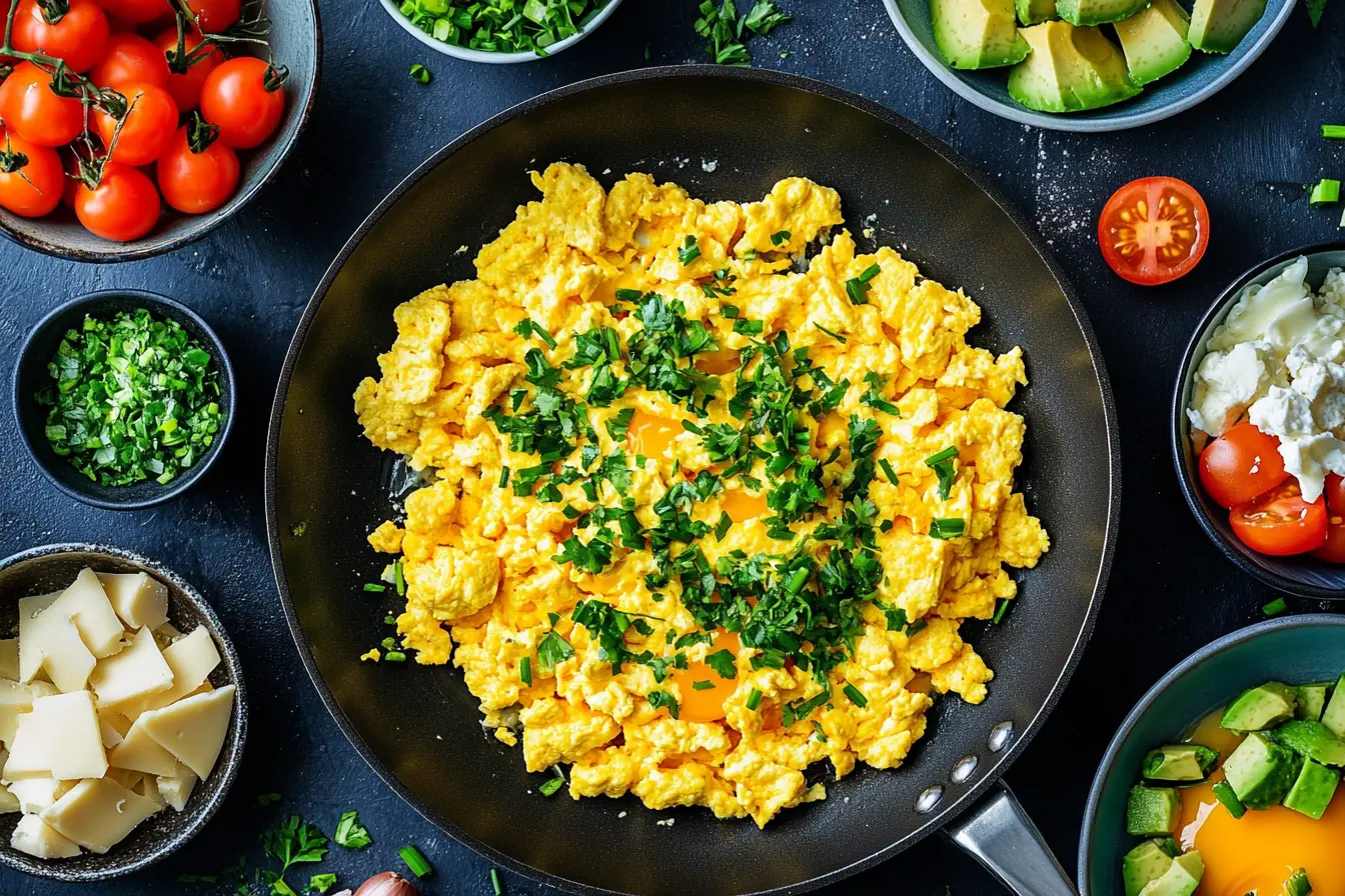 Scrambled eggs with fresh herbs, cheese, and flavorful add-ins