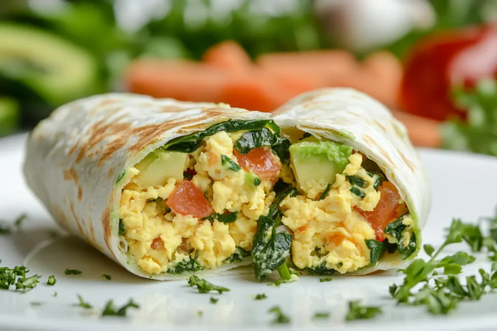 Healthy egg wrap with scrambled eggs, spinach, and avocado