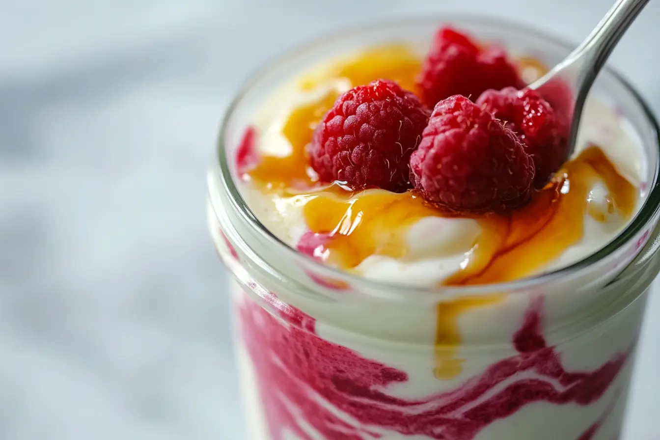 Homemade fruit yogurt with raspberry swirl and fresh fruit
