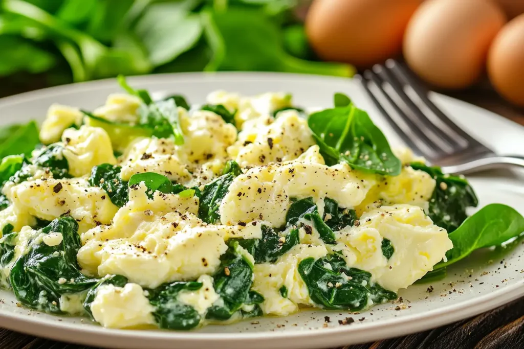 Fresh spinach and egg scramble served on a plate with garnished herbs
