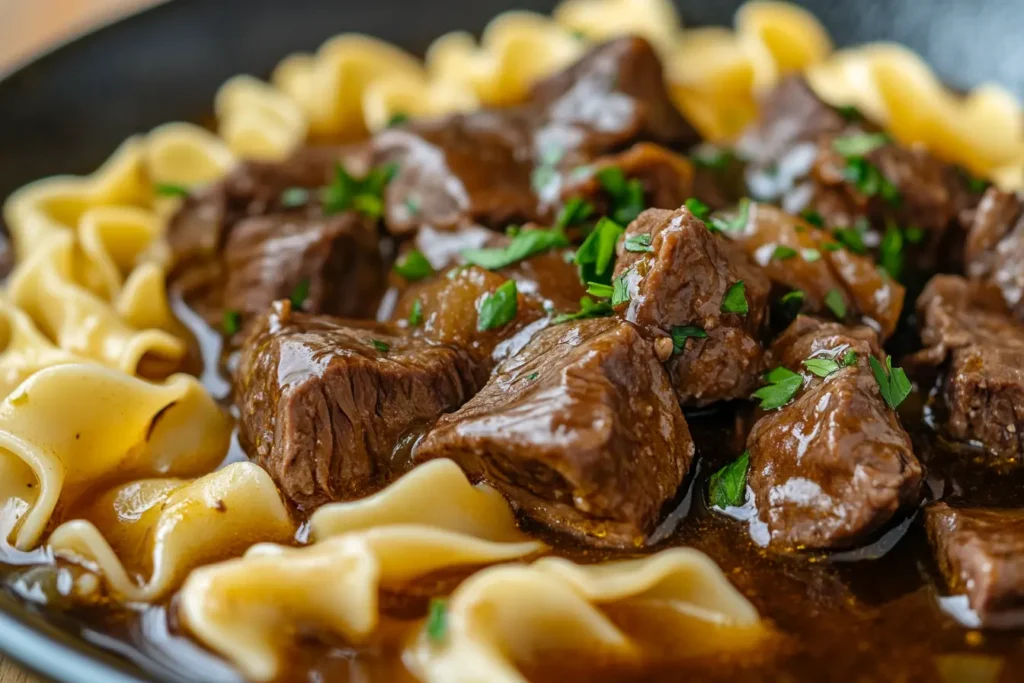 Close-up of tender beef and egg noodles in a rich broth with parsley garnish.