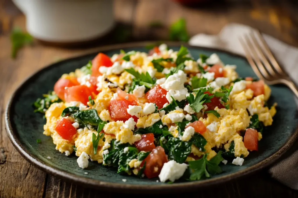 Colorful scrambled eggs with spinach, tomatoes, and feta cheese