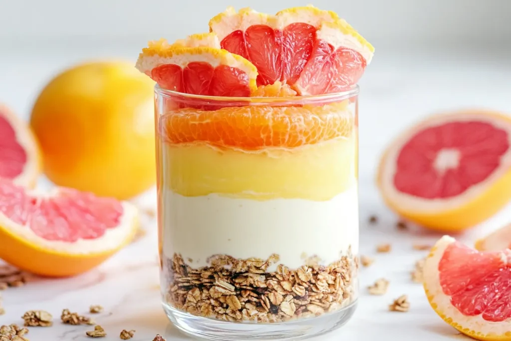 Citrus yogurt parfait with orange slices and grapefruit layers