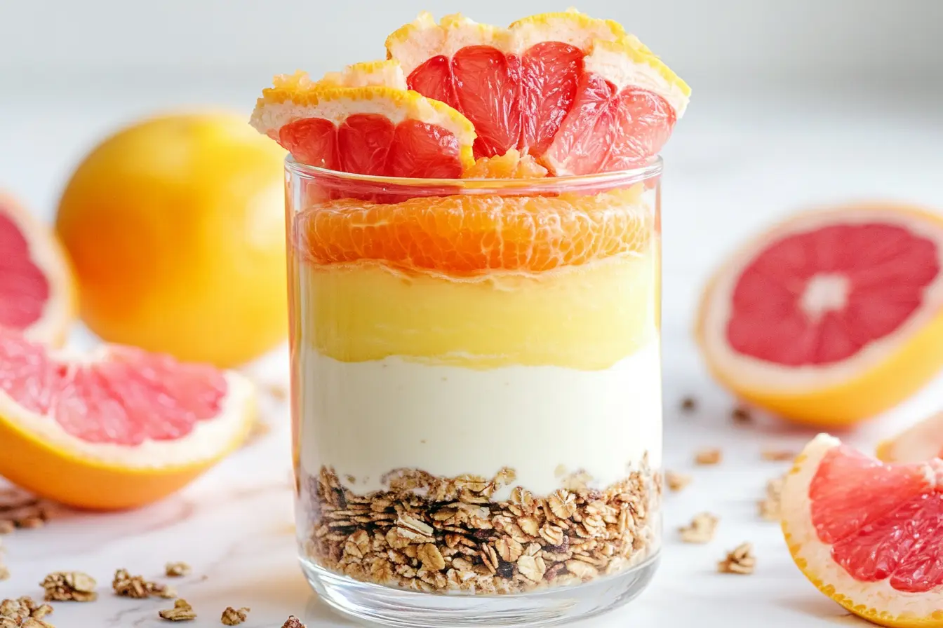 Citrus yogurt parfait with orange slices and grapefruit layers