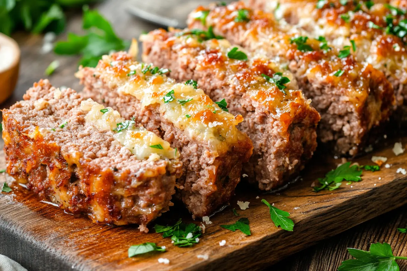 Sliced Parmesan Meatloaf on a wooden board, garnished with fresh herbs and grated cheese.
