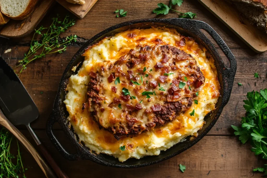Rustic Cowboy Meatloaf and Potato Casserole in a cast-iron skillet with bacon and cheese.