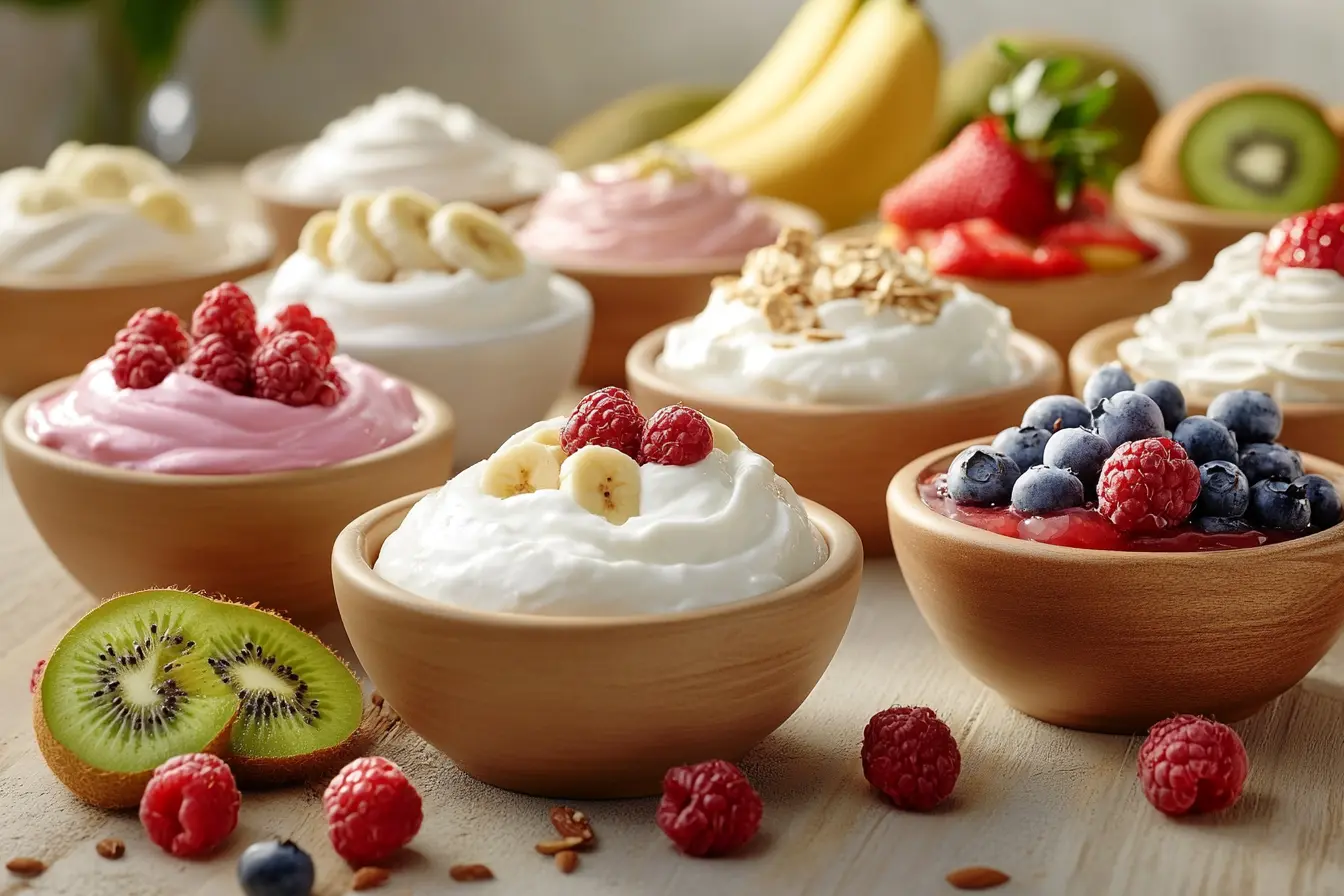 Different types of yogurt including Greek yogurt, almond yogurt, and coconut yogurt with fresh fruit toppings