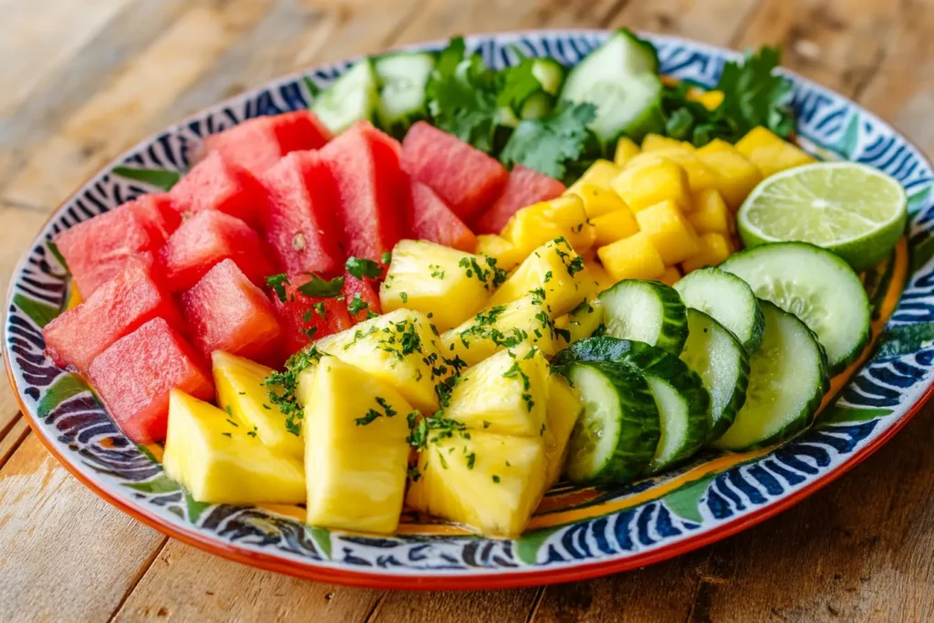 Fresh fruit slices with Tajín seasoning and lime on a colorful plate
