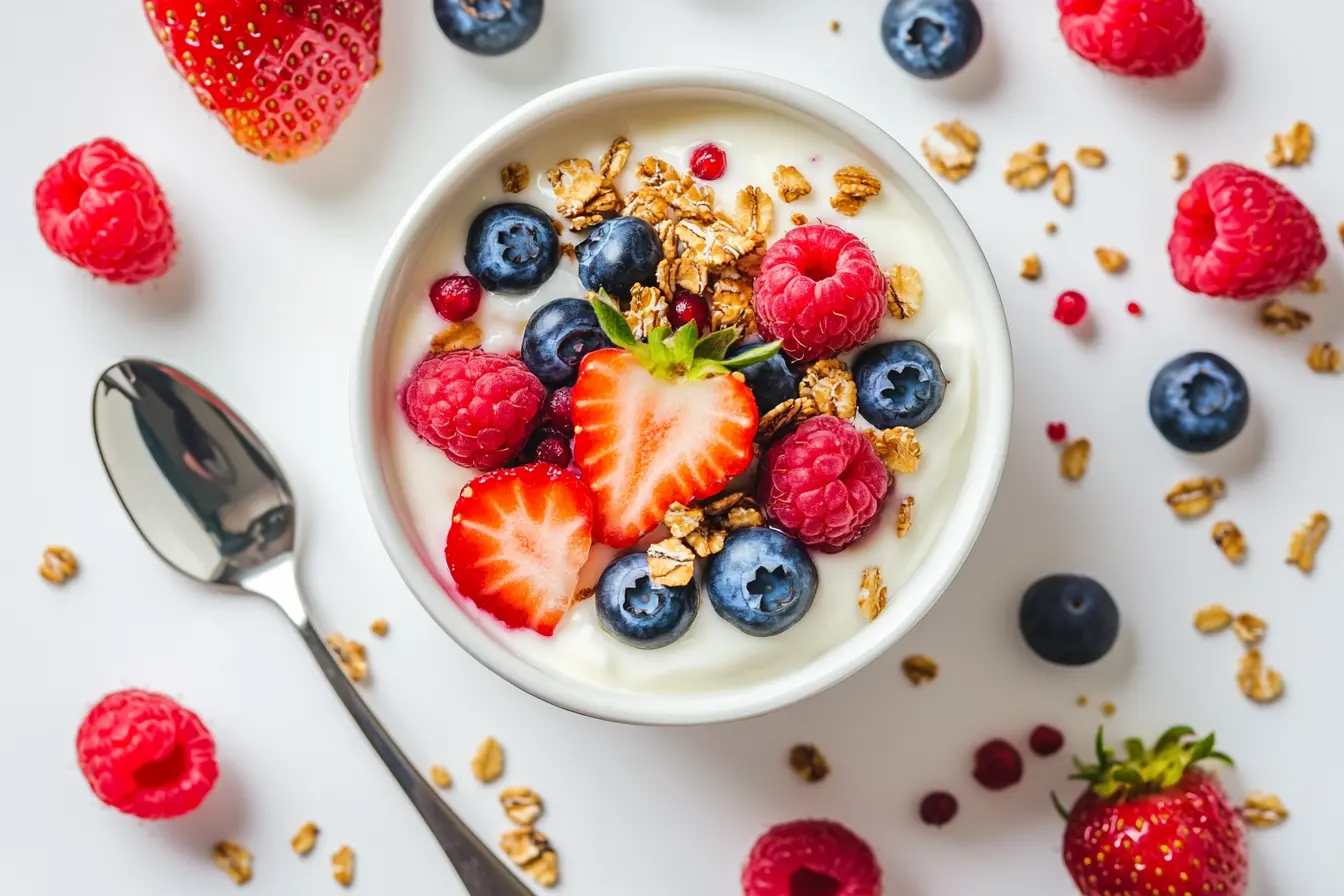 Yogurt bowl with fresh strawberries, blueberries, raspberries, and granola