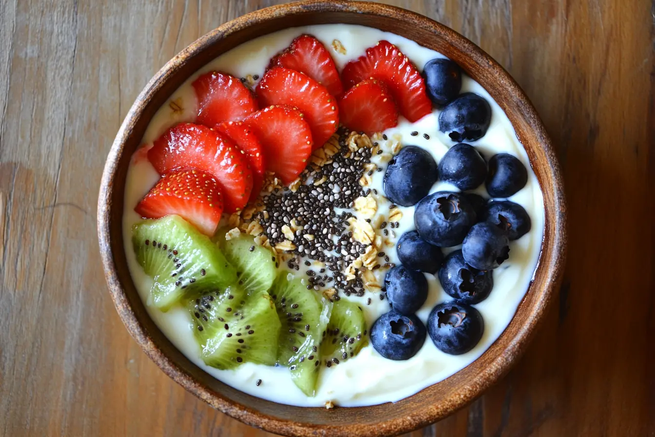 Fresh fruit yogurt bowl with strawberries, blueberries, and kiwi.