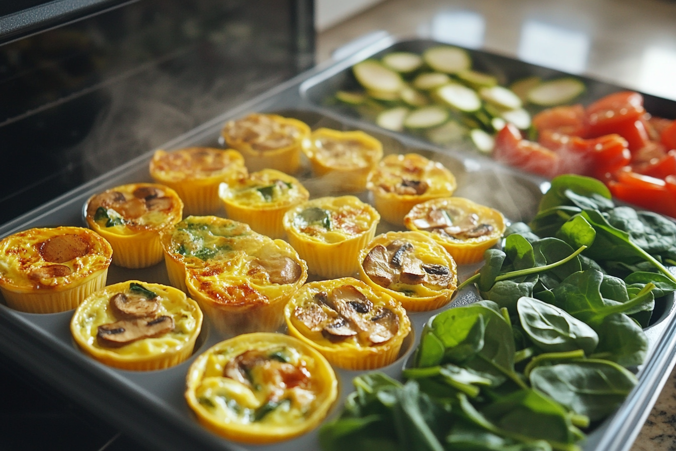 Fluffy egg bites with golden tops in silicone molds, spinach and mushrooms on the side.