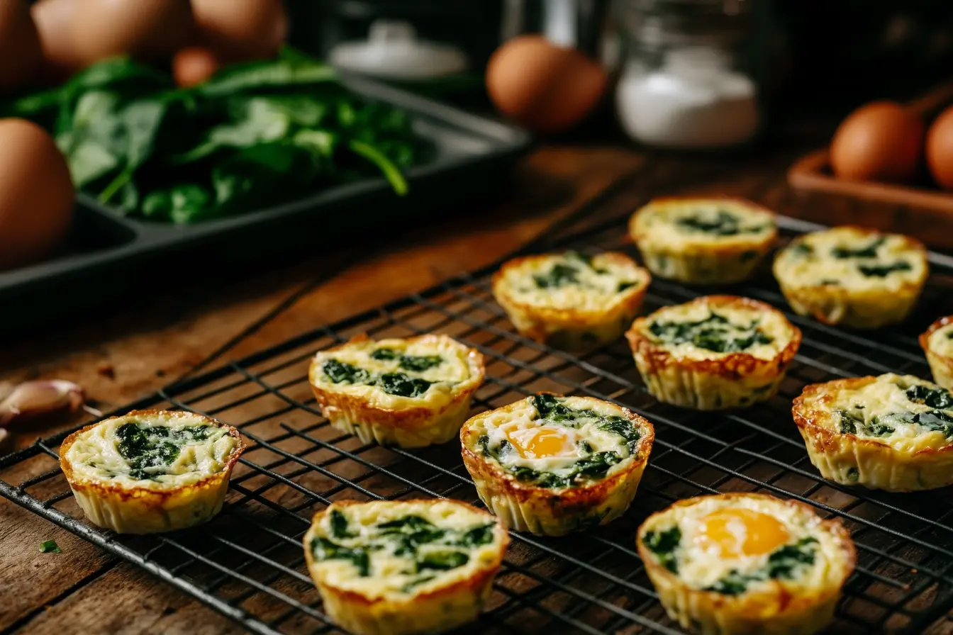 Freshly baked spinach egg bites cooling on a wire rack, topped with melted cheese and spinach