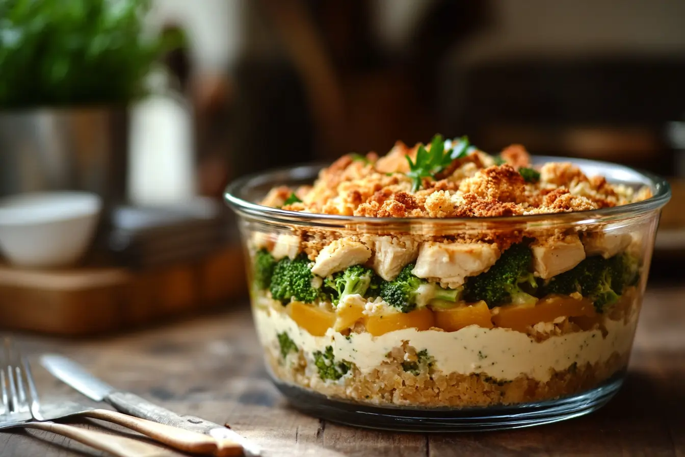 Layered casserole with chicken, broccoli, sauce, and a golden topping