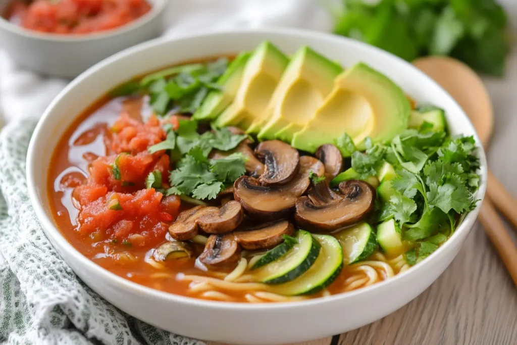 Vegan Mexican ramen with zucchini noodles, mushrooms, avocado, and cilantro