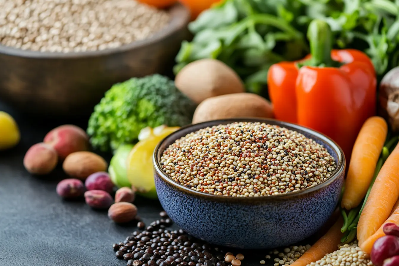 Bowl of quinoa with fiber-rich vegetables promoting bowel health