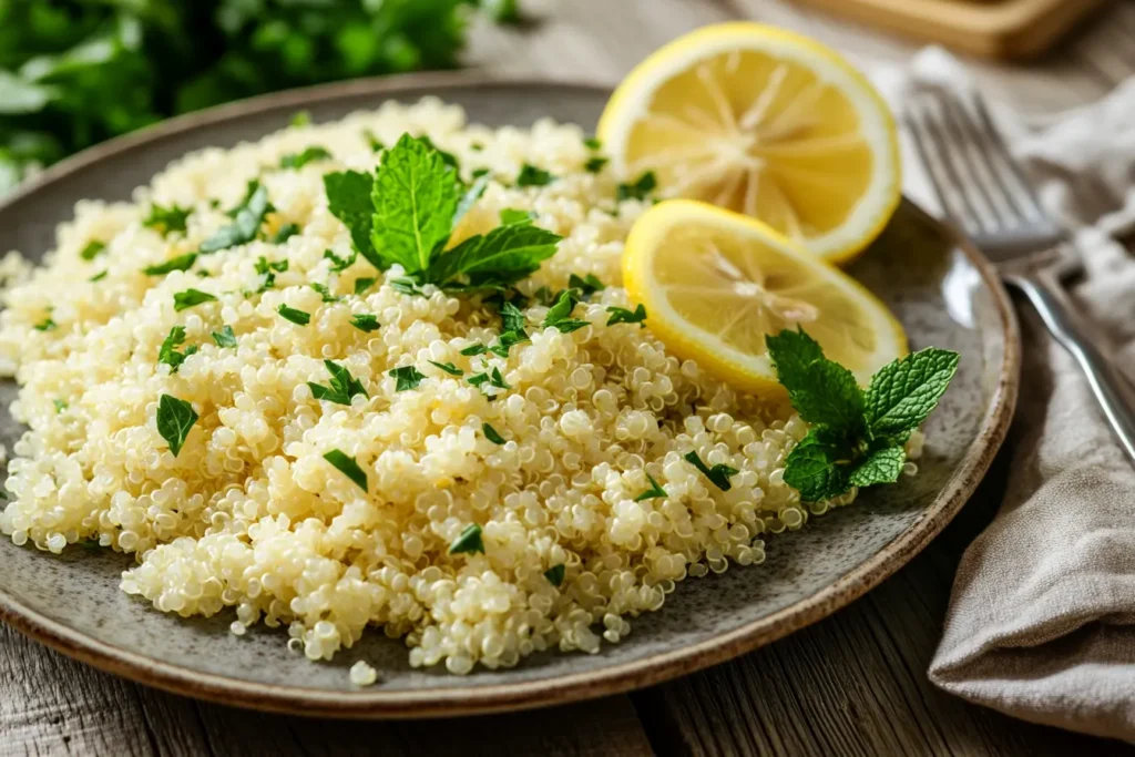 Fluffy quinoa side dish with fresh herbs and lemon