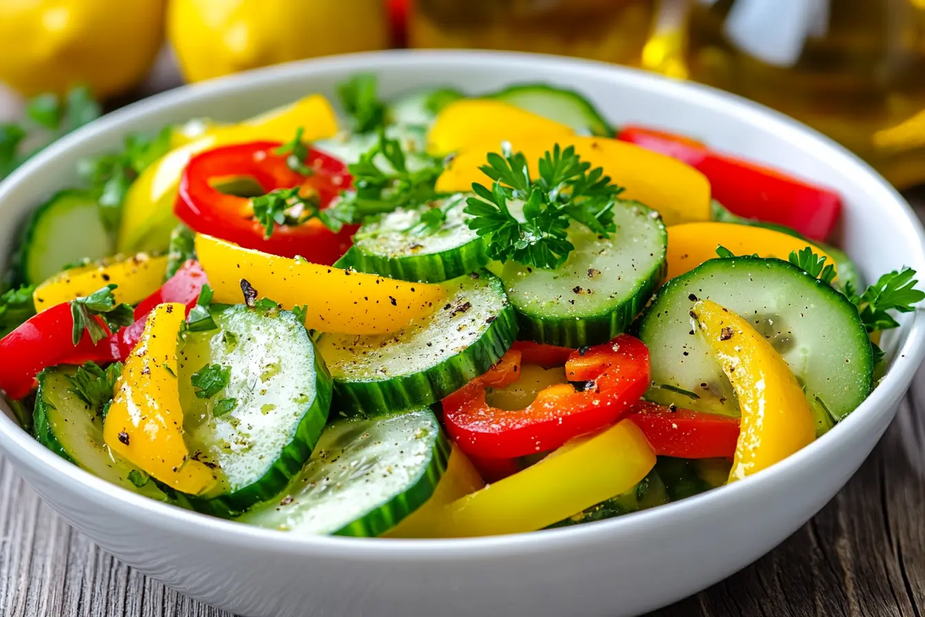 Fresh cucumber pepper salad with bell peppers and parsley