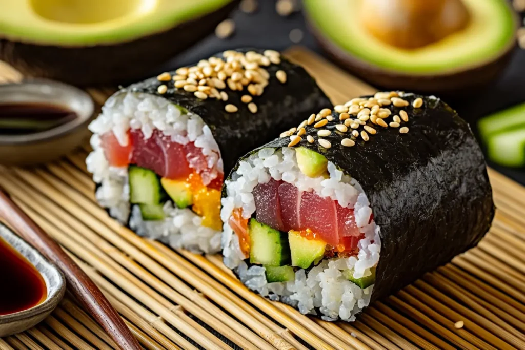 Fresh sushi burrito with tuna, avocado, and cucumber wrapped in nori.