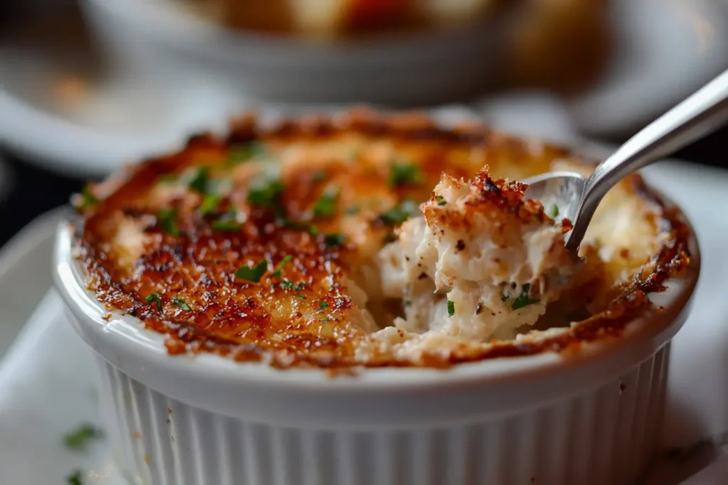 Crab brulee with a golden caramelized sugar crust and creamy crab filling