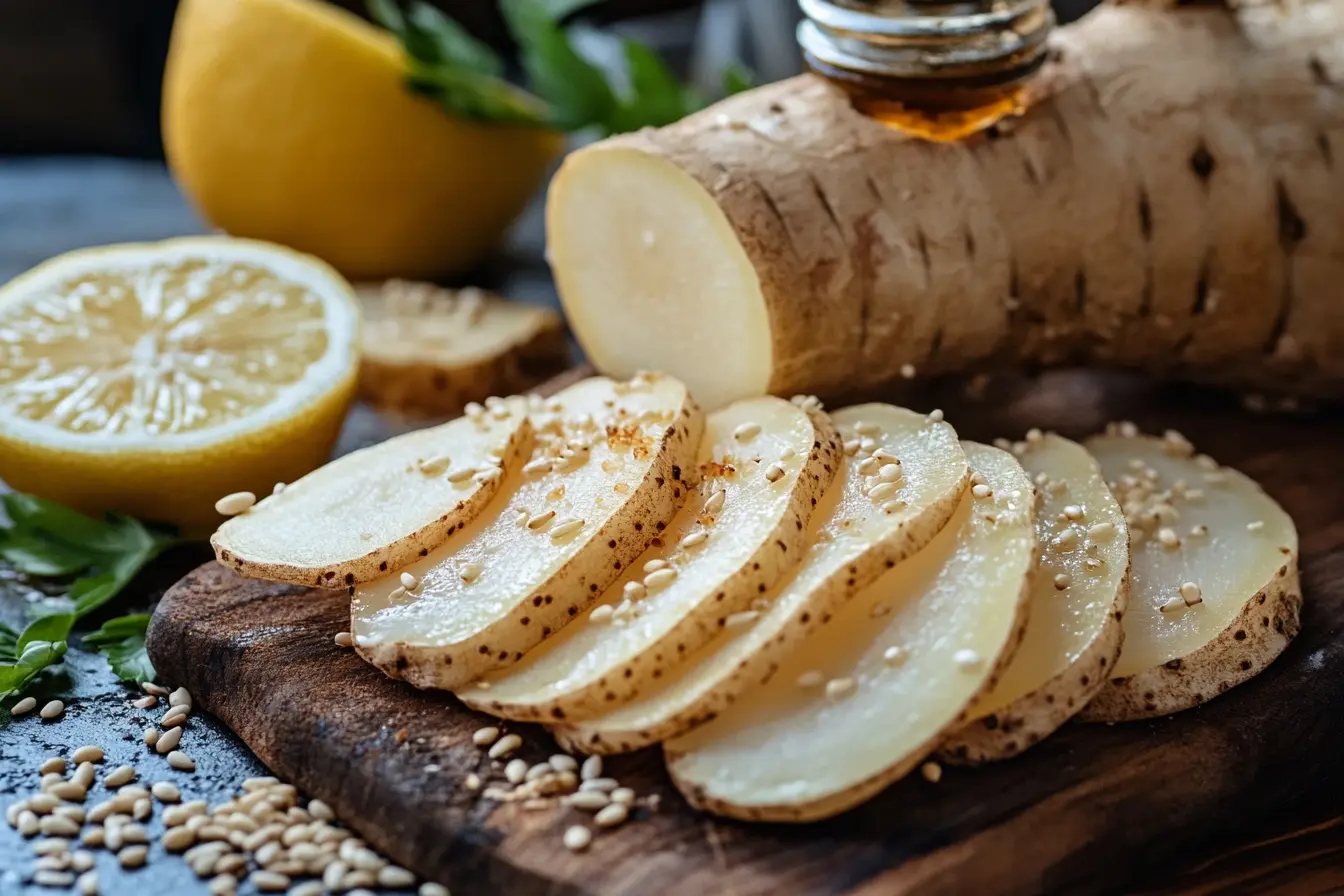Close-up of sliced raw gobo root with vinegar and lemon for preparation