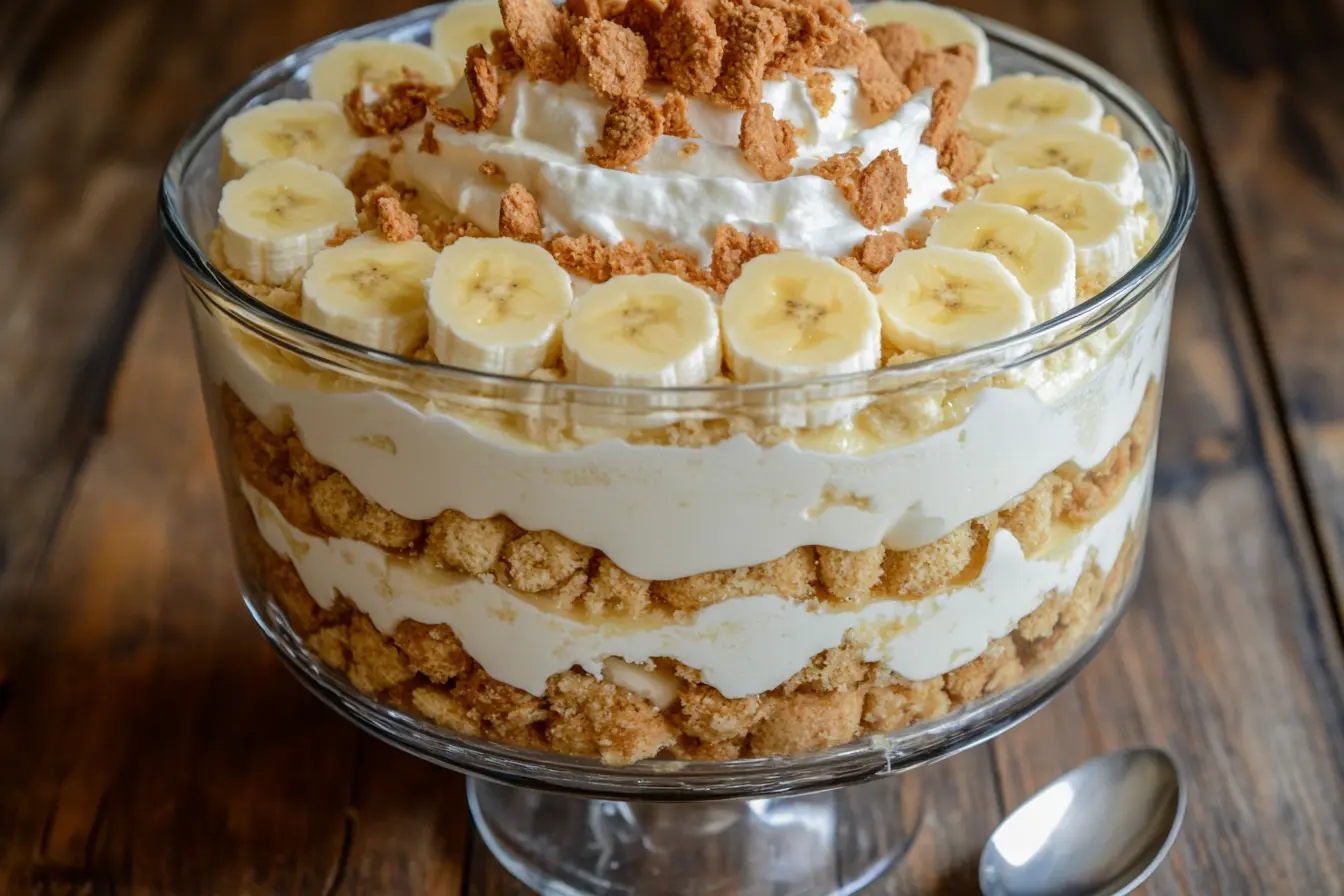 Classic banana pudding in a trifle dish with whipped cream and wafer topping.
