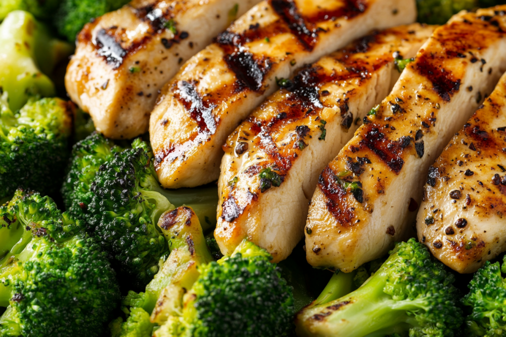 Close-up of steamed broccoli and grilled chicken breast