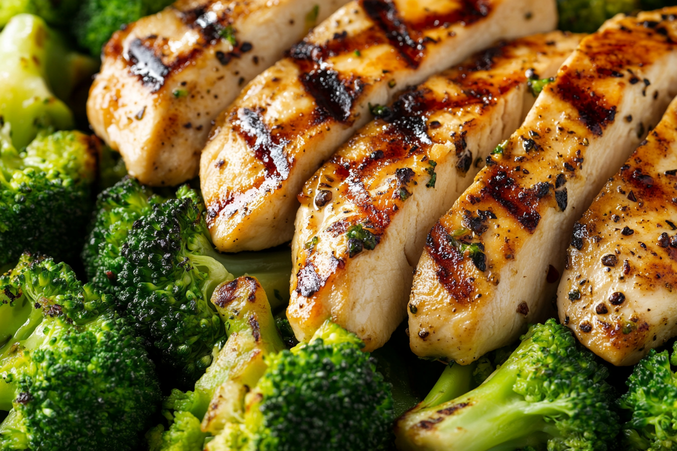 Close-up of steamed broccoli and grilled chicken breast