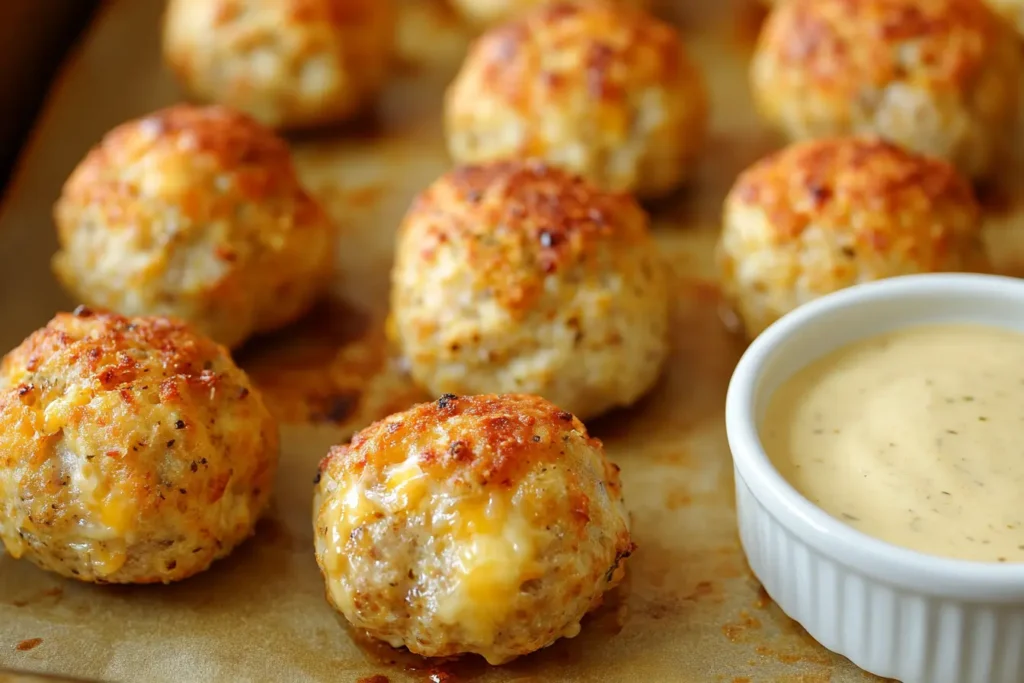 Classic sausage balls fresh from the oven with cheddar cheese.