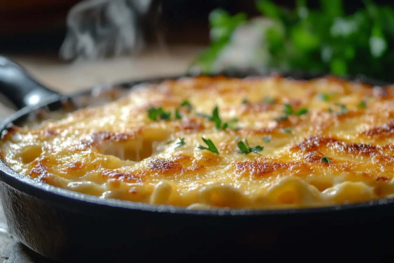 Classic smoked mac and cheese in a cast-iron skillet.