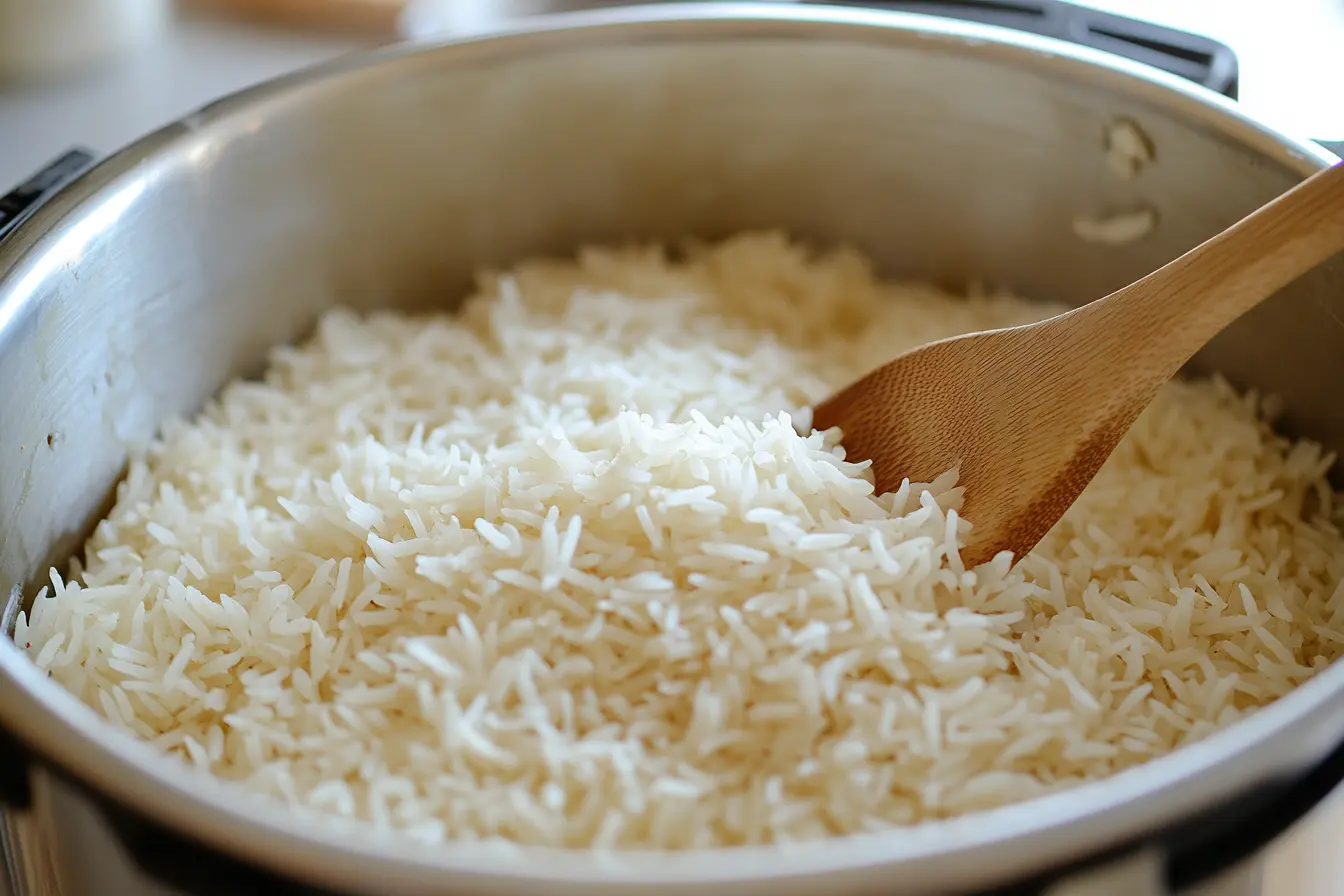 Perfectly cooked basmati rice in an Instant Pot with a wooden spoon.
