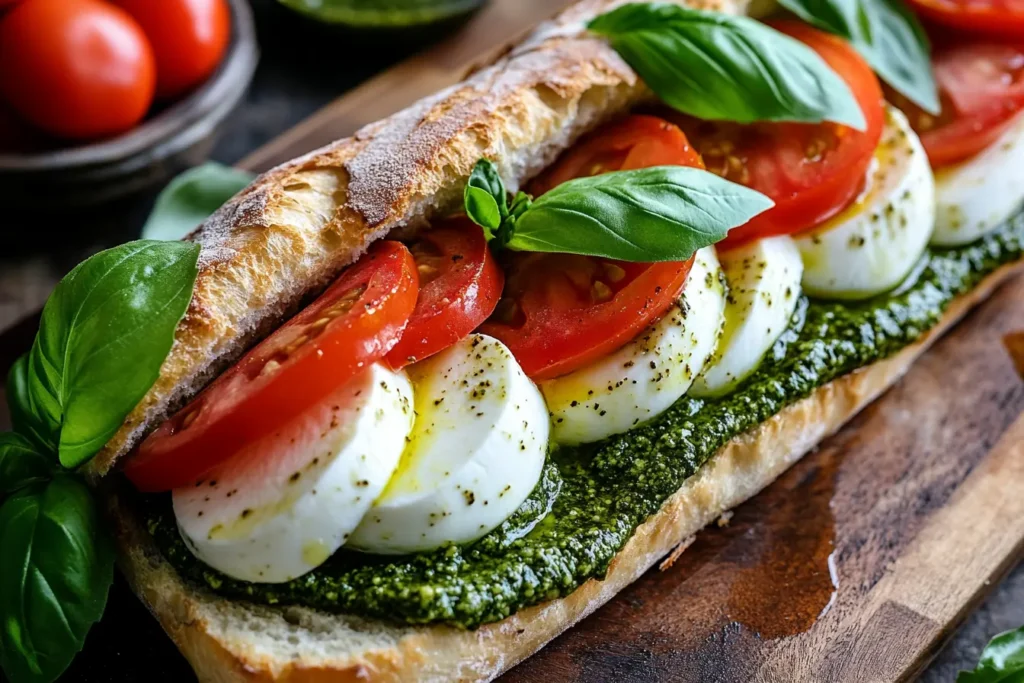 Classic pesto caprese sandwich with fresh mozzarella, tomatoes, and basil.