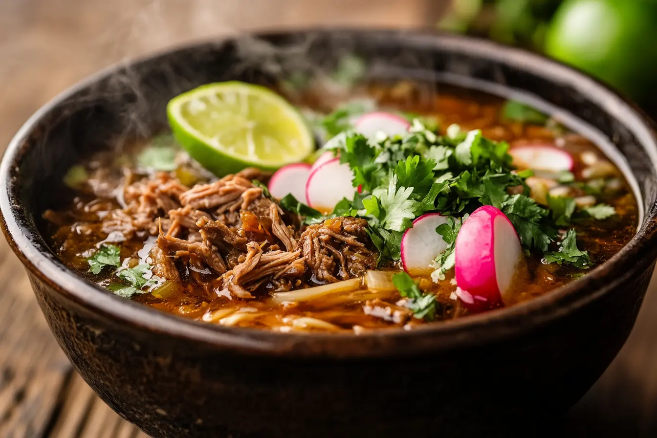 Bowl of birria ramen with shredded beef, noodles, cilantro, and radishes.