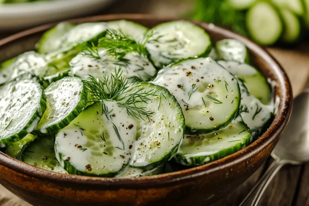 German cucumber salad with a creamy sour cream dressing and dill.