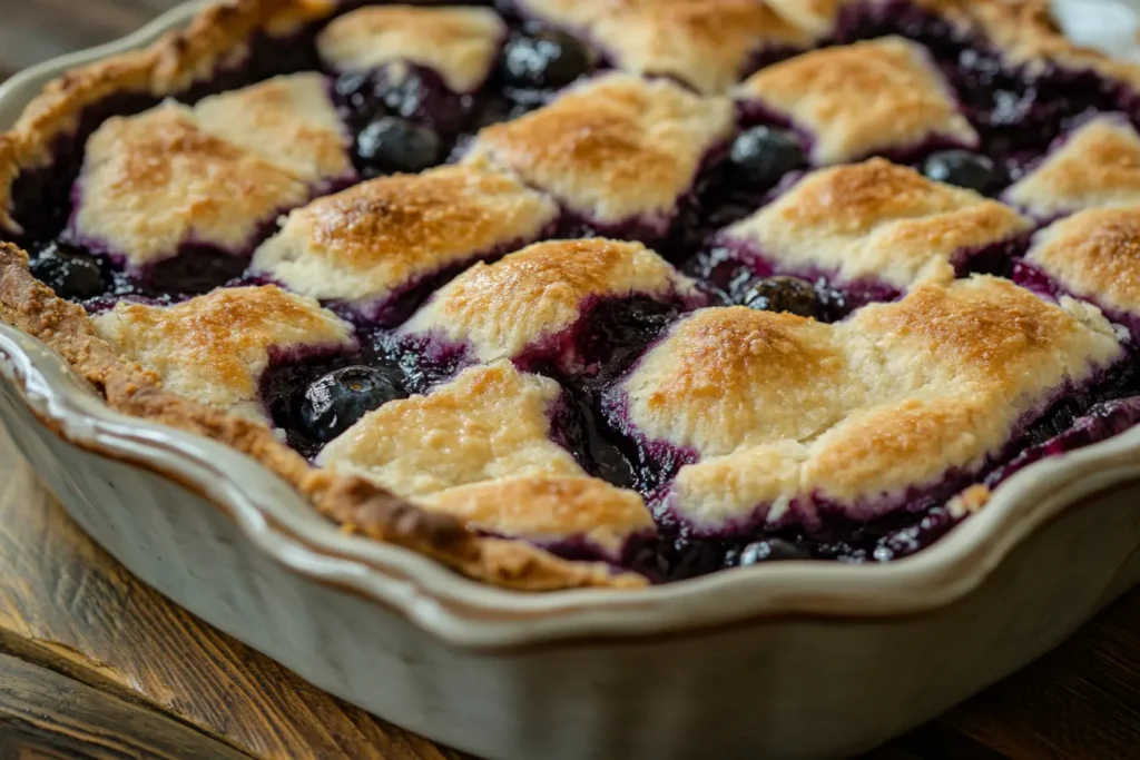Freshly baked blueberry sourdough cobbler with a golden crust and juicy blueberry filling