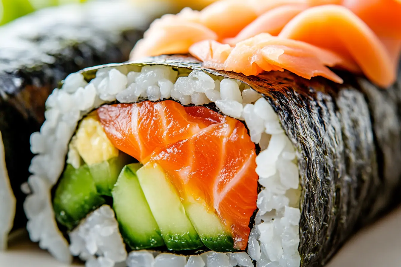 Freshly prepared sushi burrito with salmon, avocado, and rice.