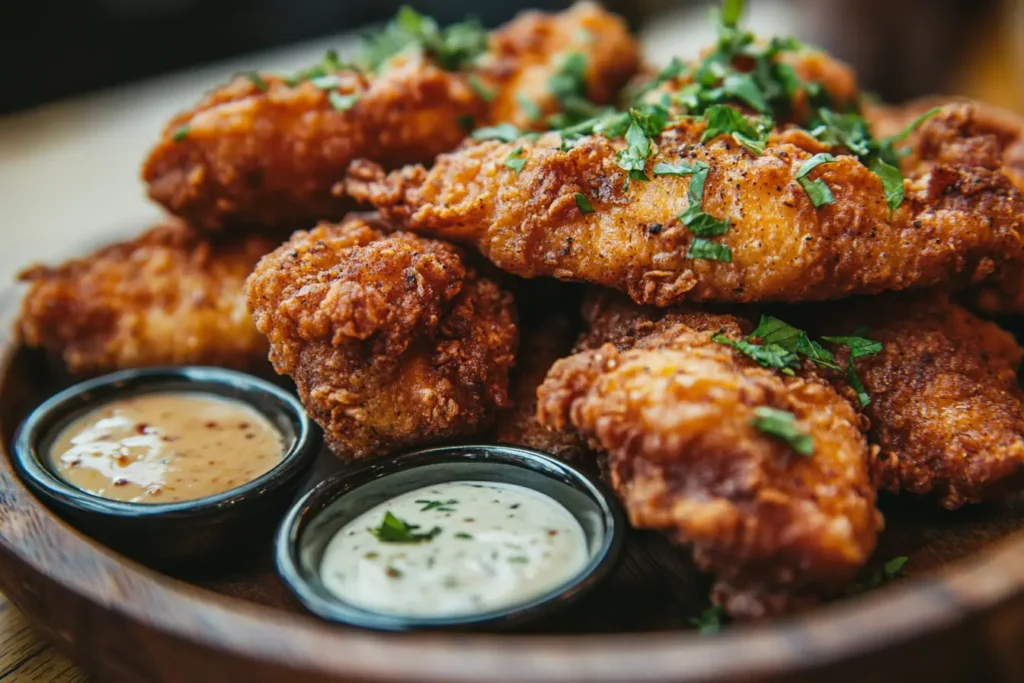 Crispy chicken tenders served with dipping sauces on a family platter