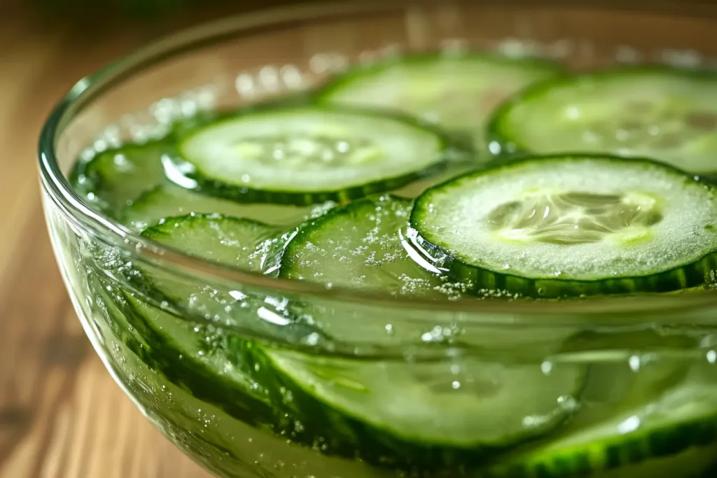 Thinly sliced cucumbers soaking in salt water before making a salad.