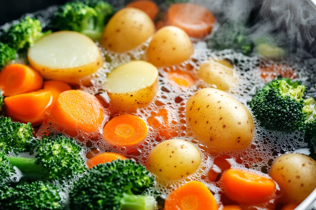 Blanching vegetables like broccoli and carrots before adding to casserole