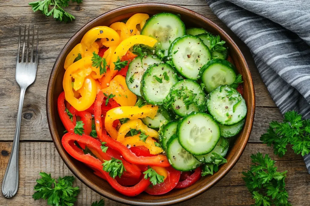 A vibrant cucumber and pepper salad with fresh herbs.