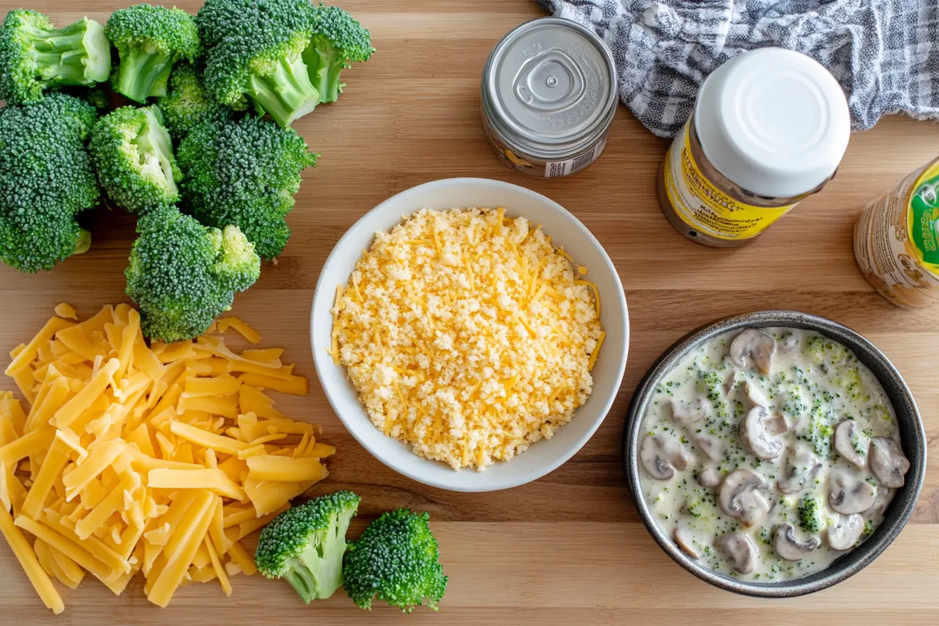 Ingredients for broccoli casserole, including fresh broccoli, cheese, and breadcrumbs