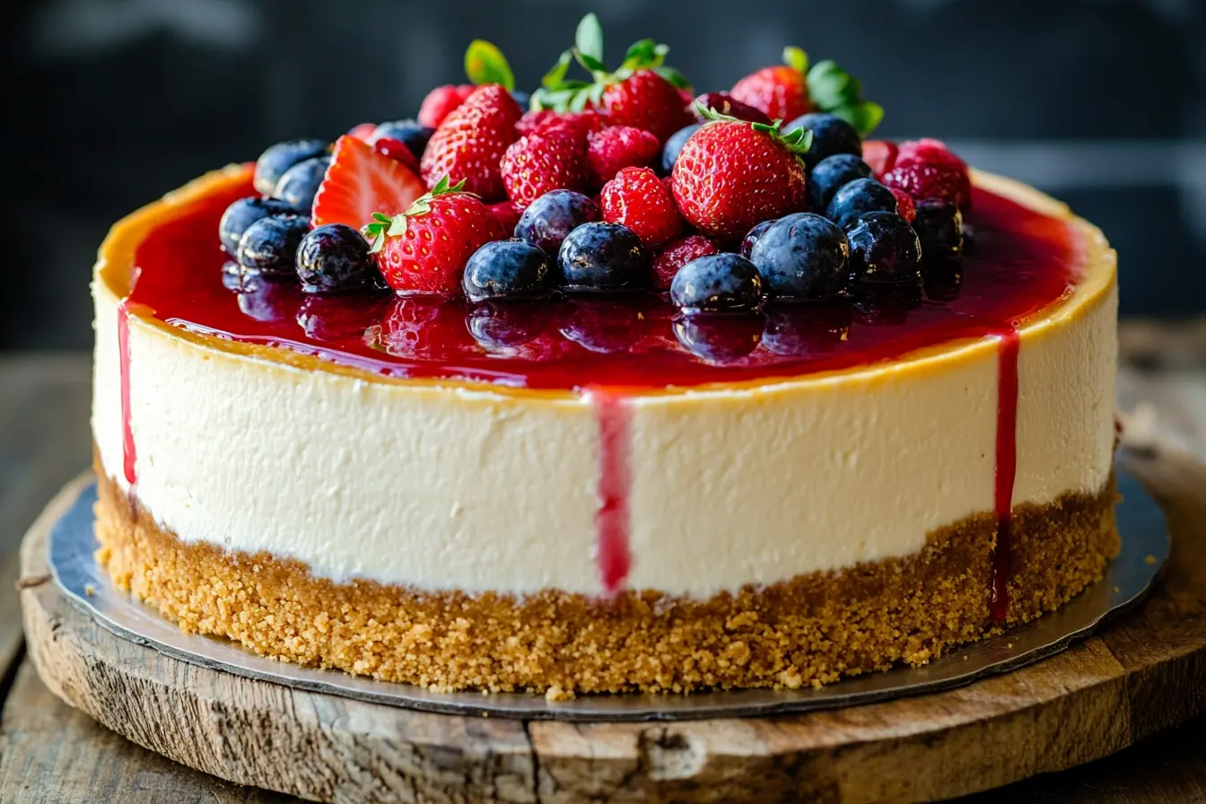 Perfectly baked Philadelphia cheesecake with a graham cracker crust and fresh berries