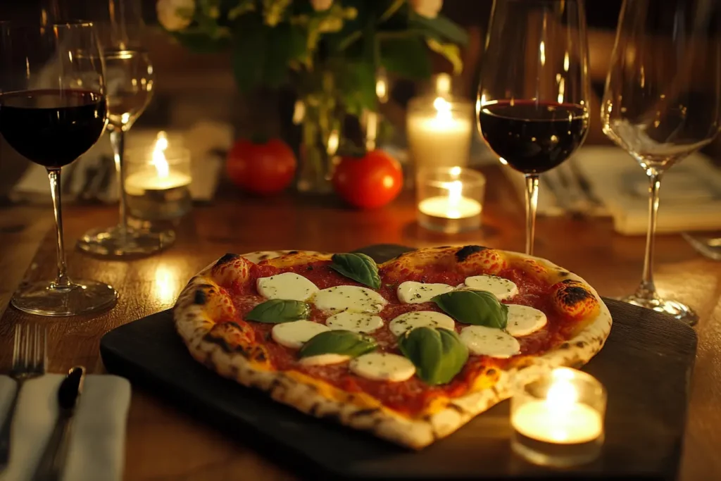 Heart-shaped pizza on a candlelit table for a romantic pizza date night