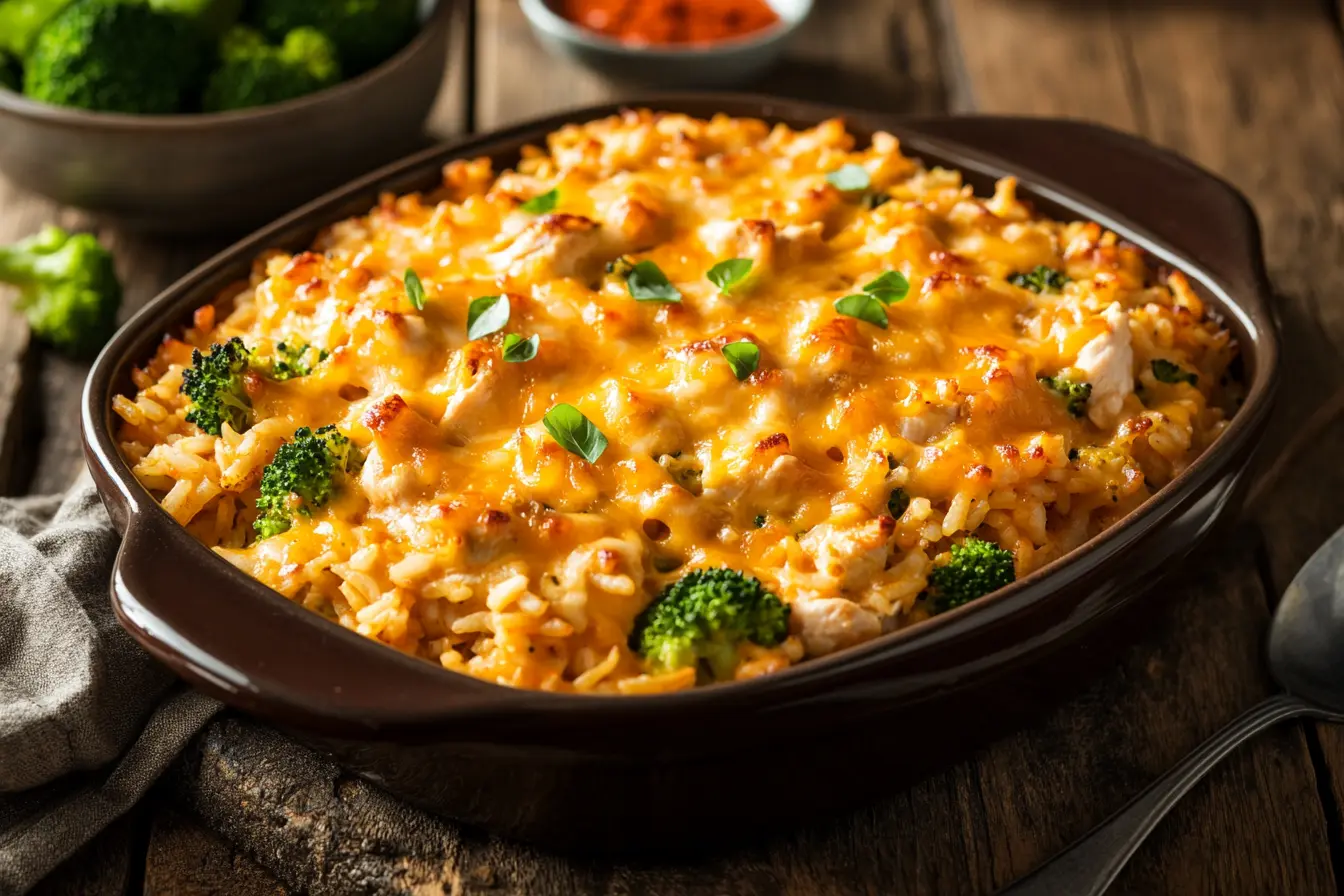 Classic chicken broccoli rice casserole with golden melted cheese on top