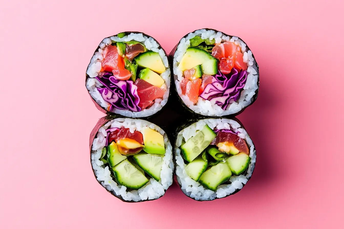 Fresh poke burrito with tuna, avocado, and sushi rice.