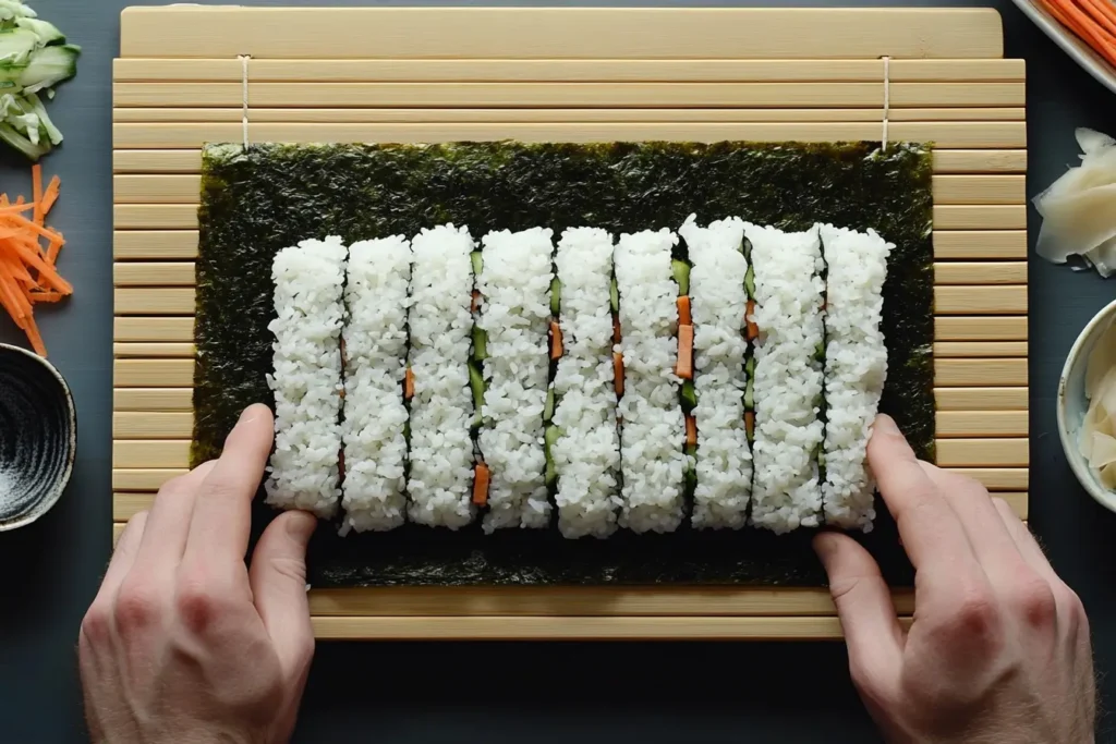Step-by-step guide on how to fold a sushi burrito using a bamboo mat.