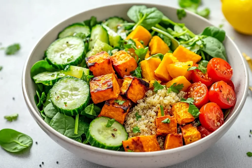Quinoa salad bowl with fresh vegetables and a light lemon vinaigrette