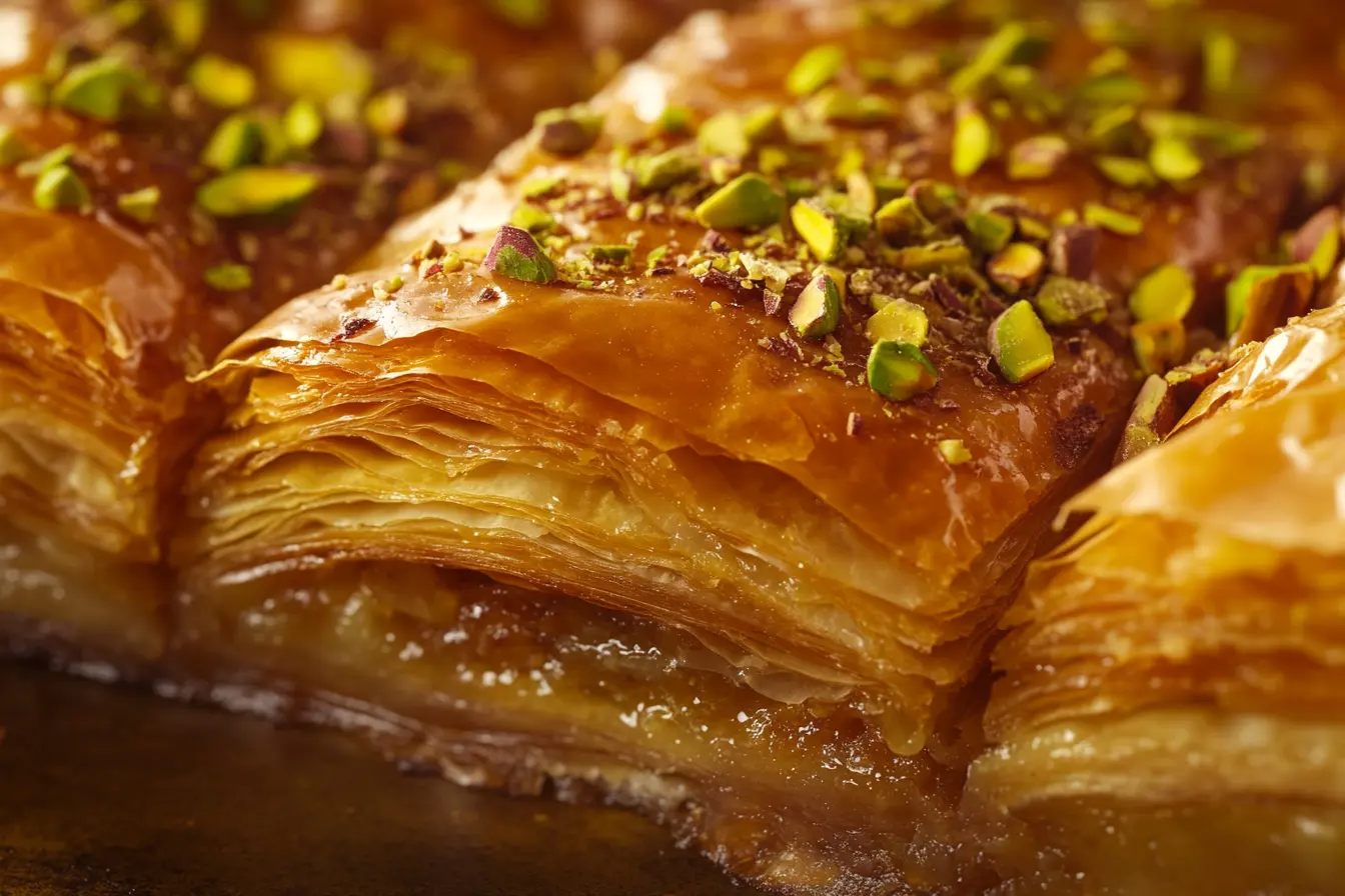 Freshly baked baklava with crisp pastry leaves and pistachios